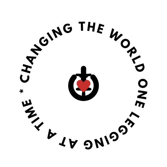Graphic with ICONI logo in the center with a heart on top of it with the words" Changing the world one legging at a time" surrounding the center logo