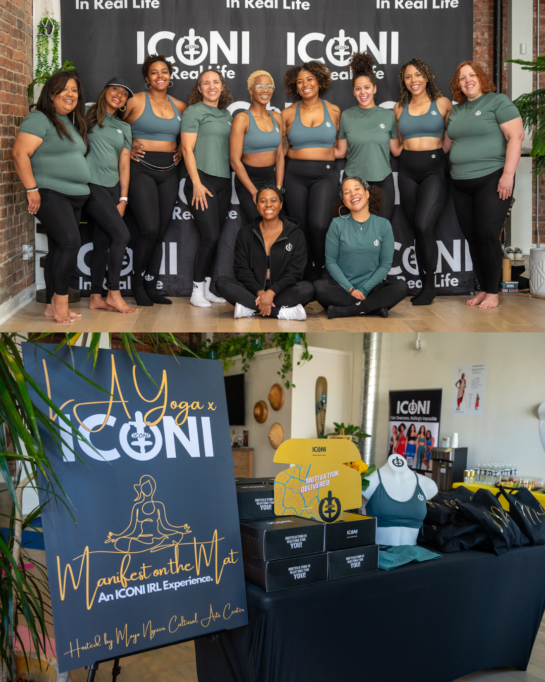 Top photo: Group of diverse women wearing ICONI at Manifest on the Mat event. Bottom photo: Entry setup with plants, Manifest on the Mat sign, mannequin, activewear boxes, and swag bags on table.