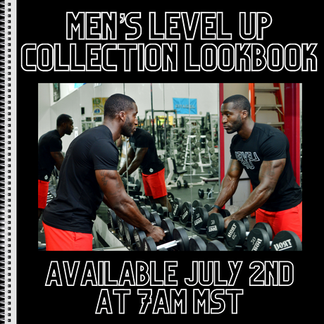 (Click to Read) Cover of Men's Level Up Collection Lookbook showing man wearing ICONI looking in the gym mirror in front of the weight rack