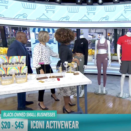 Video showing 2 women and 1 man newscasters standing in front of mannequins wearing ICONI activewear.