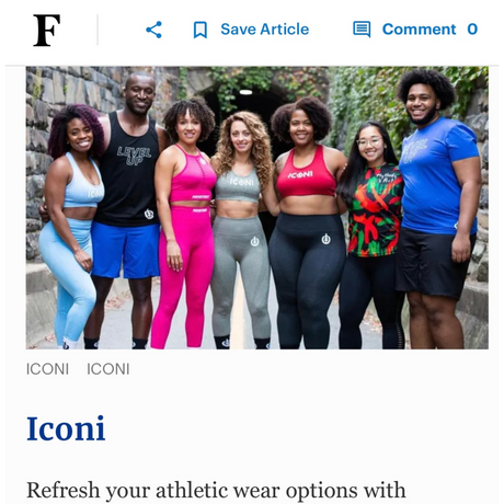 (Click To Read) Forbes article showing 7 ICONI models, both men and women, wearing ICONI standing together in a group photo