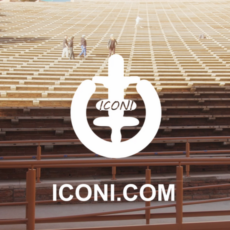 (Click to read) ICONI's logo with website ICONI.com below logo overlayed on stairs at Red Rocks