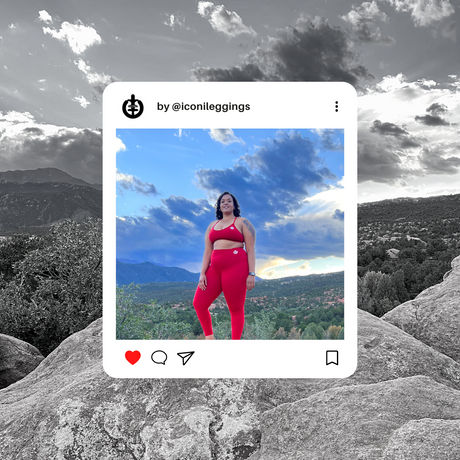 (Click to read) Photo of women in red ICONI legging and sports bra in the mountains