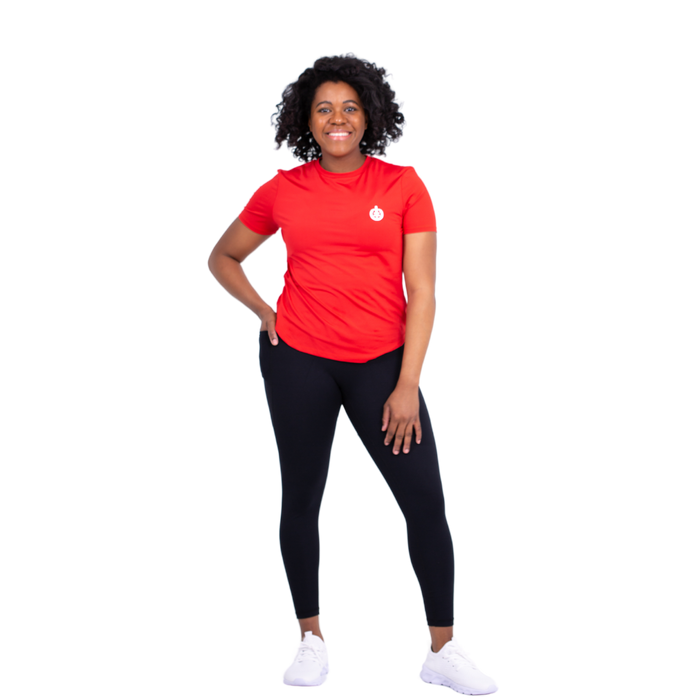 Model Angel in ICONI Red Tee and Black Full Length Legging