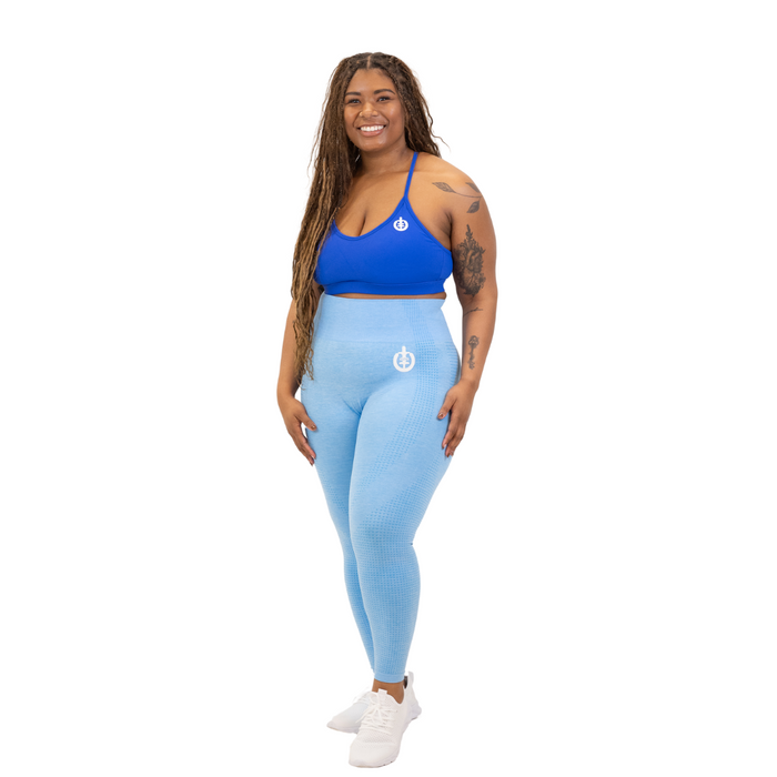 Model Kristin in V-Neck Sports Bra in Blue and Balance Blue Legging