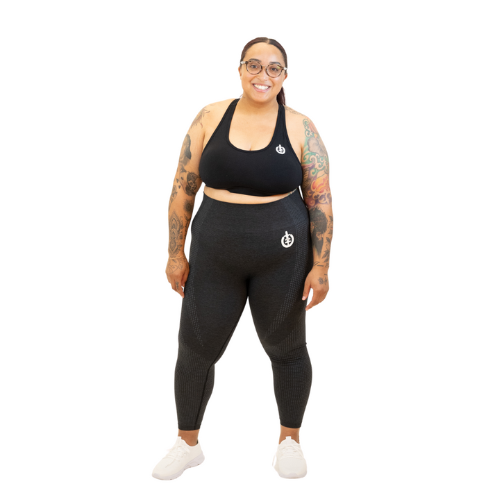 Model Justina in Active Ash Legging and Racerback Medium Impact Sports Bra in Black