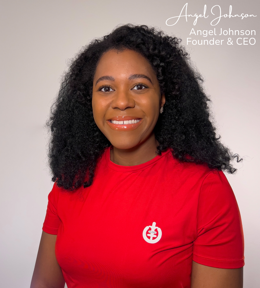 Headshot of ICONI CEO Angel Johnson smiling in a red ICONI t-shirt