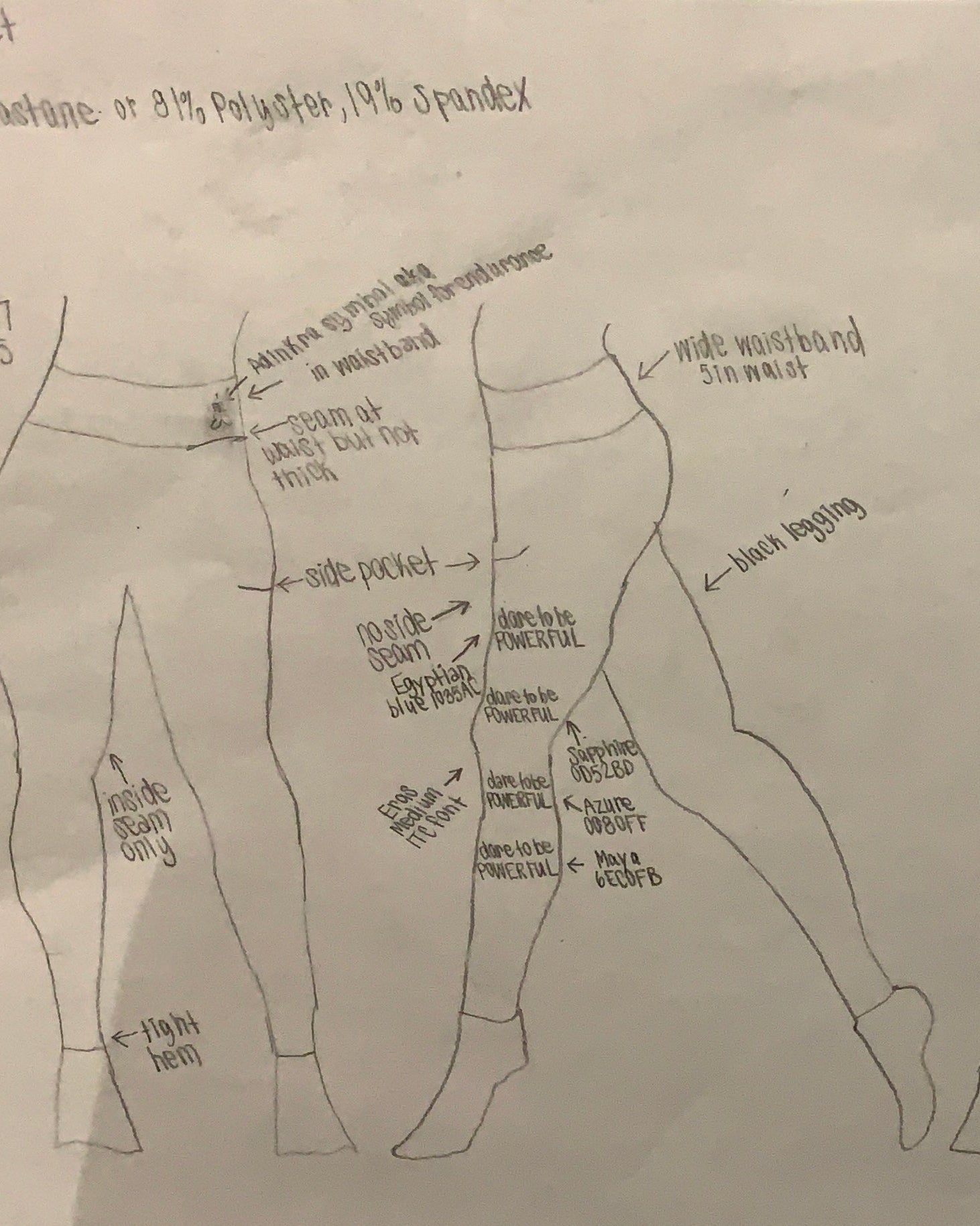 The first sketch of an ICONI legging in pencil on paper. Drawn images of two leggings on paper with product details.