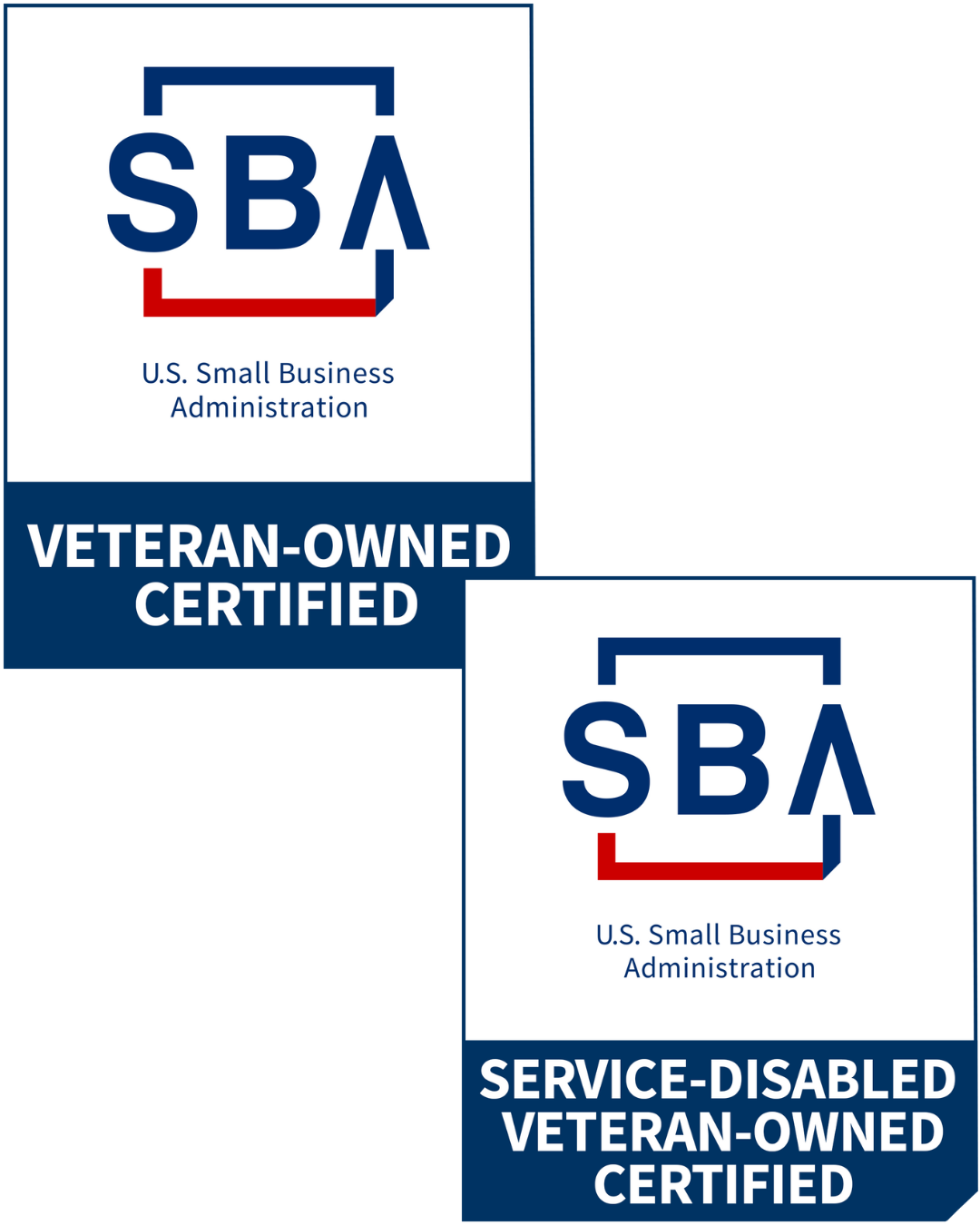 Two logos: 1) Veteran-Owned Certified and 2) Service-Disabled Veteran-Owned Certified 