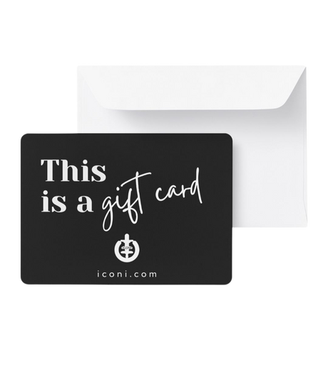 ICONI e-gift card in black with ICONI logo and words "This is a gift card."